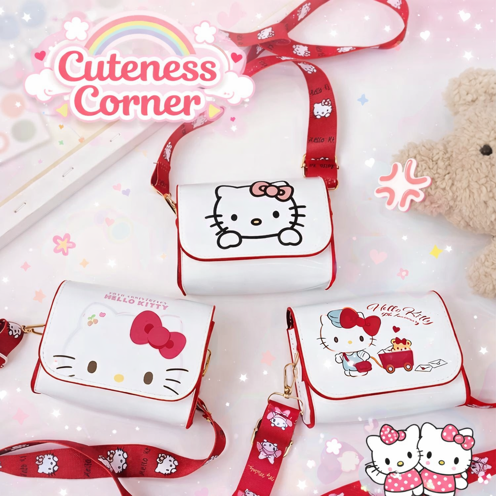 Hello Kitty crossbody bags in white and red with Hello Kitty printed strap