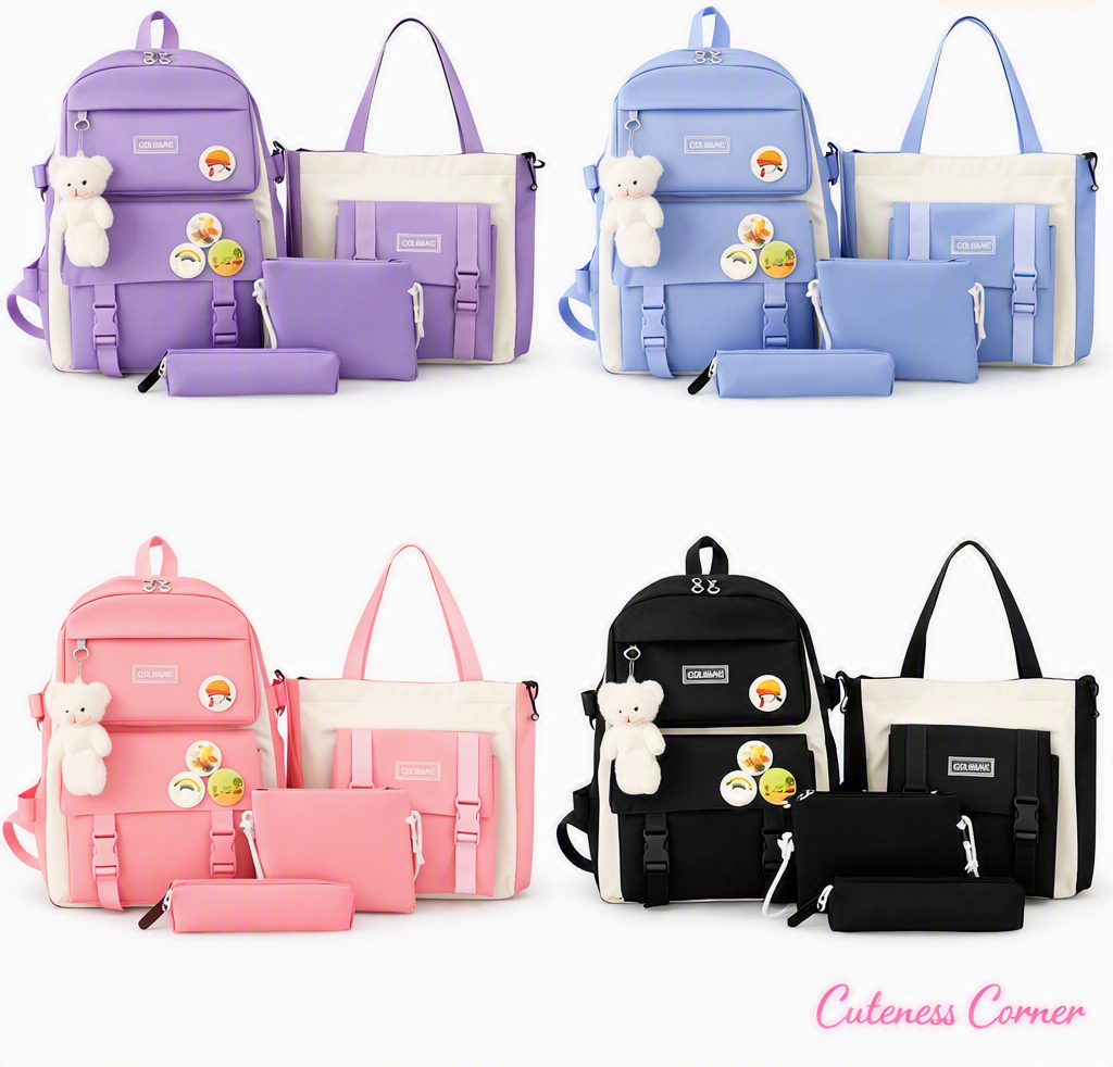 Kawaii 4-Piece Back-to-School Bag Set in purple, blue, pink, and black