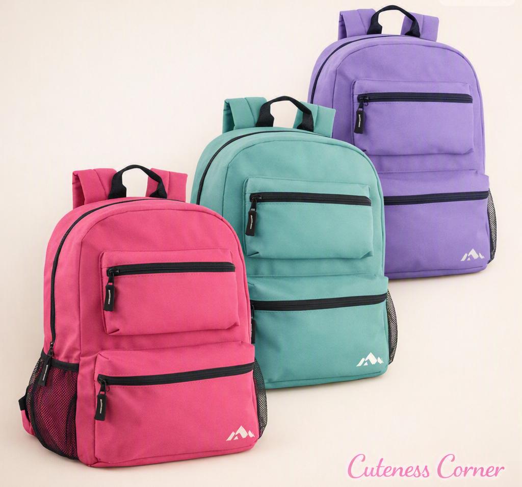 Pastel backpacks in pink, teal, and purple