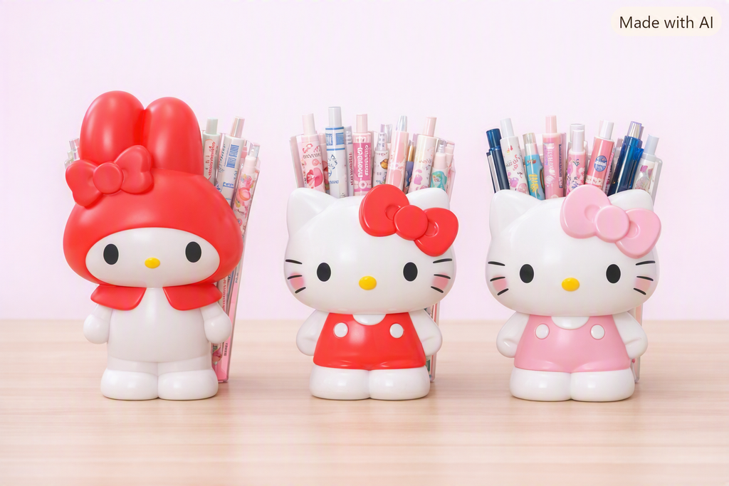 Hello Kitty face pen and brush holder with pink bow on desk
