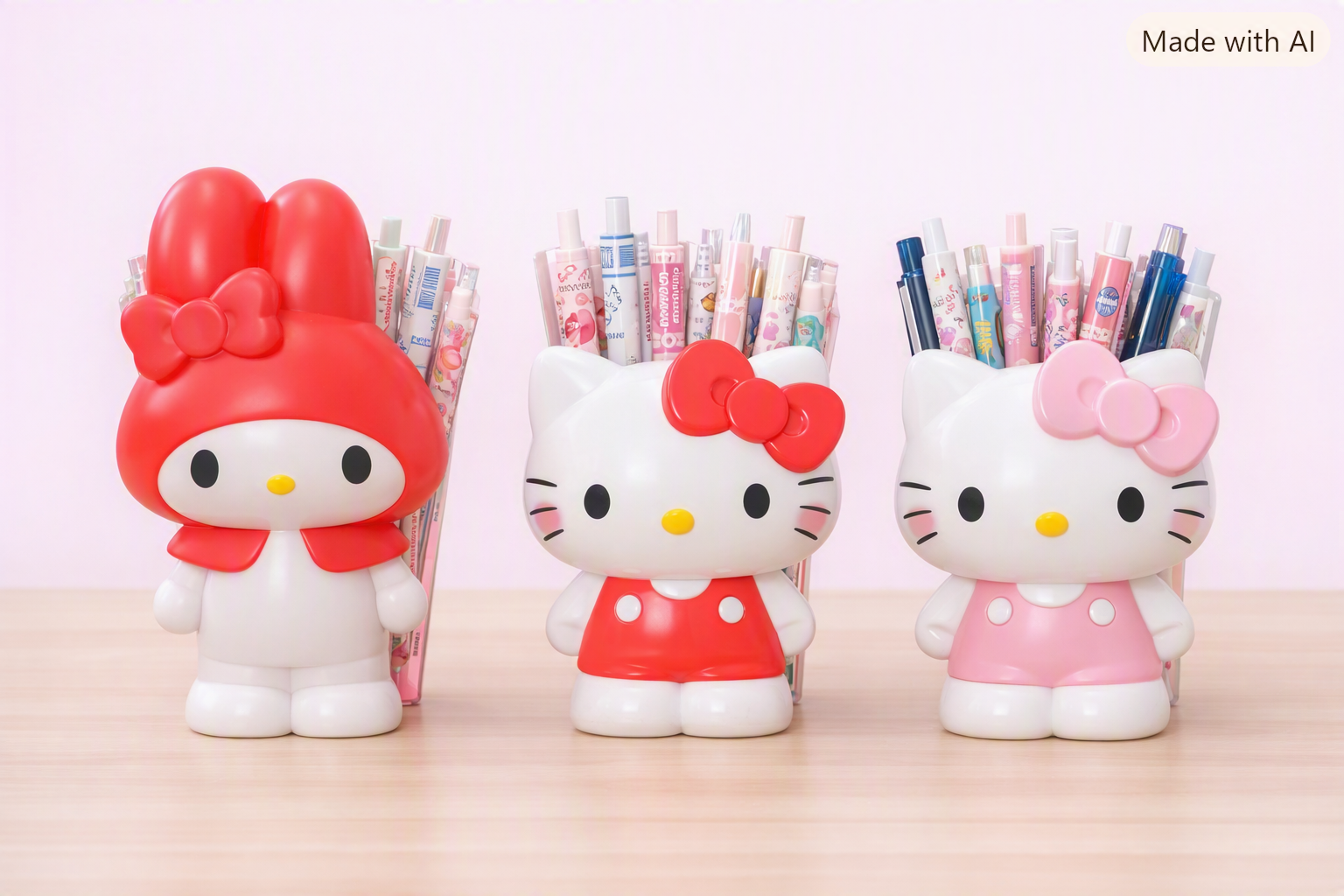 Hello Kitty face pen and brush holder with pink bow on desk