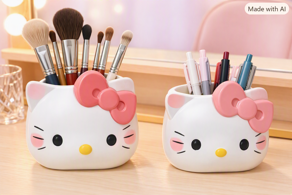 Sanrio character figurine pen holders: My Melody, Hello Kitty red, Hello Kitty pink