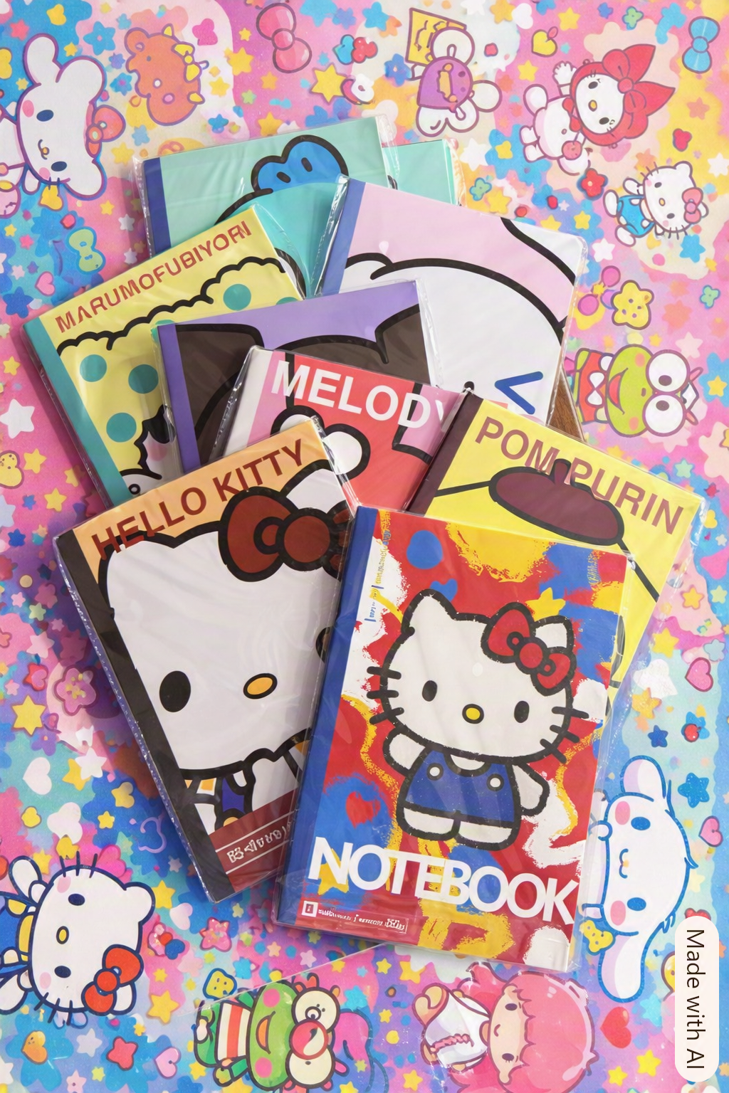Sanrio B5 notebooks in assorted designs featuring Hello Kitty, My Melody, Pom Pom Purin and Marumofubiyori