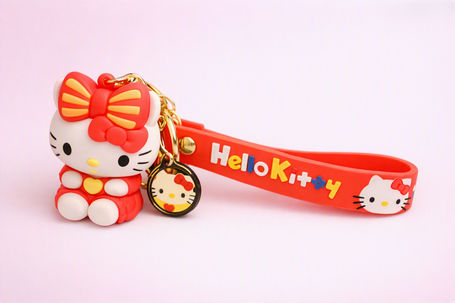 Hello Kitty red bow 3D keychain with wrist strap
