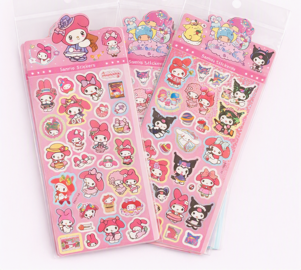 Sanrio sticker sheets featuring My Melody, Kuromi, and Little Twin Stars – pink set