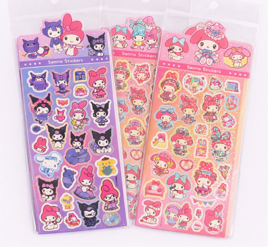 Sanrio sticker sheets featuring Kuromi and My Melody – purple and glitter set