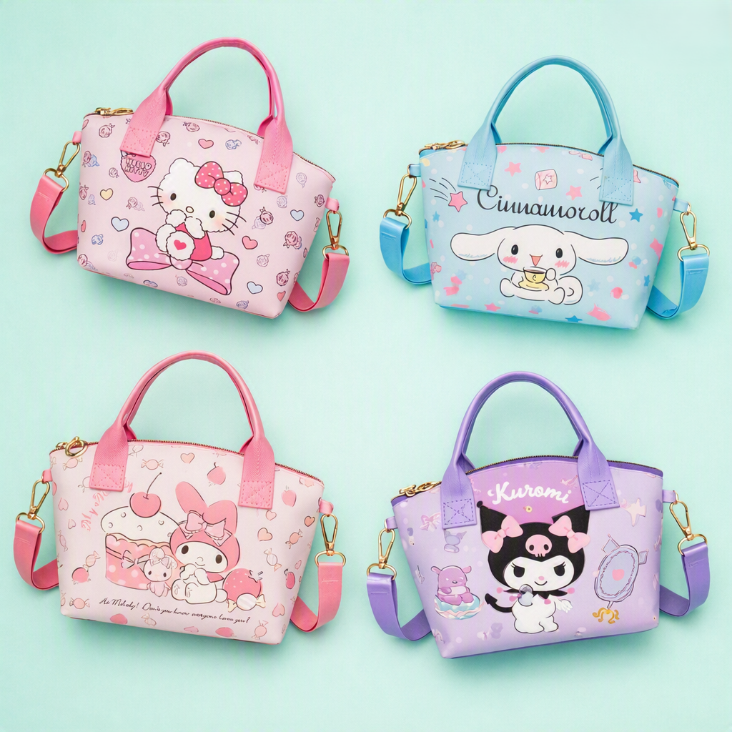 All 4 Sanrio character crossbody bags - Hello Kitty, Cinnamoroll, Kuromi, My Melody