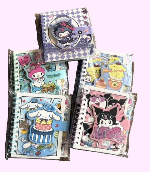 Sanrio mini spiral notebooks assorted with Kuromi, My Melody, Cinnamoroll and Pom Pom Purin designs