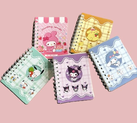 Sanrio character spiral notebooks featuring My Melody, Kuromi, Pochacco, Cinnamoroll and Pom Pom Purin