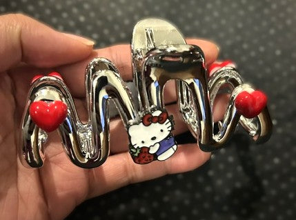 Hello Kitty silver wave hair claw clip with red heart beads