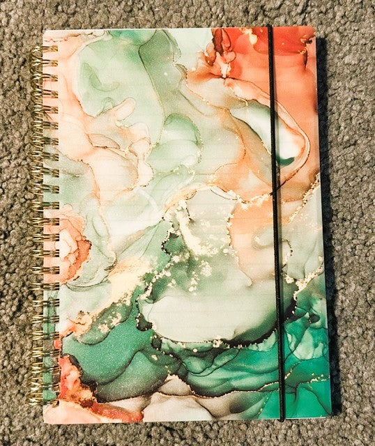 Green botanical marble ink spiral notebook with teal and coral tones