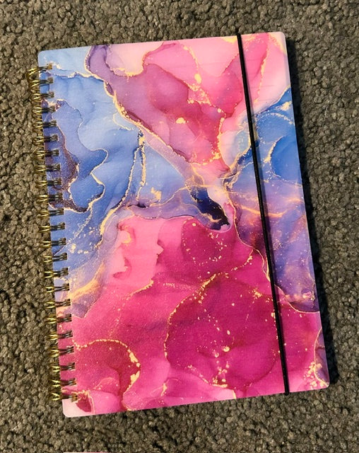 Berry galaxy marble ink spiral notebook with pink and purple tones