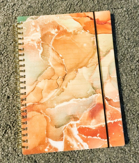 Amber stone marble ink spiral notebook with gold coil and elastic closure