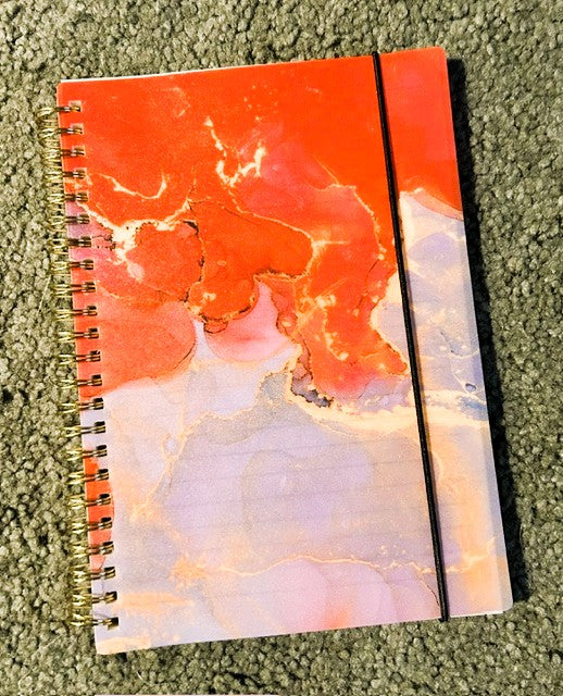 Red flame marble ink spiral notebook with gold coil and elastic closure