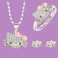 Hello Kitty crystal jewelry set with dimensions – necklace, ring, and earrings
