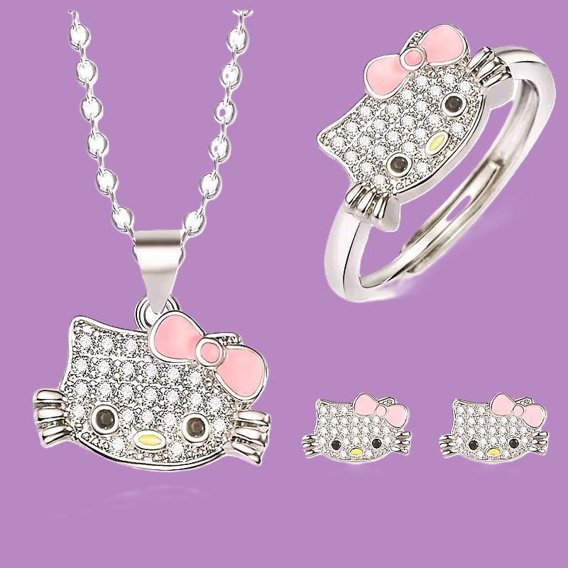 Hello Kitty crystal jewelry set with dimensions – necklace, ring, and earrings