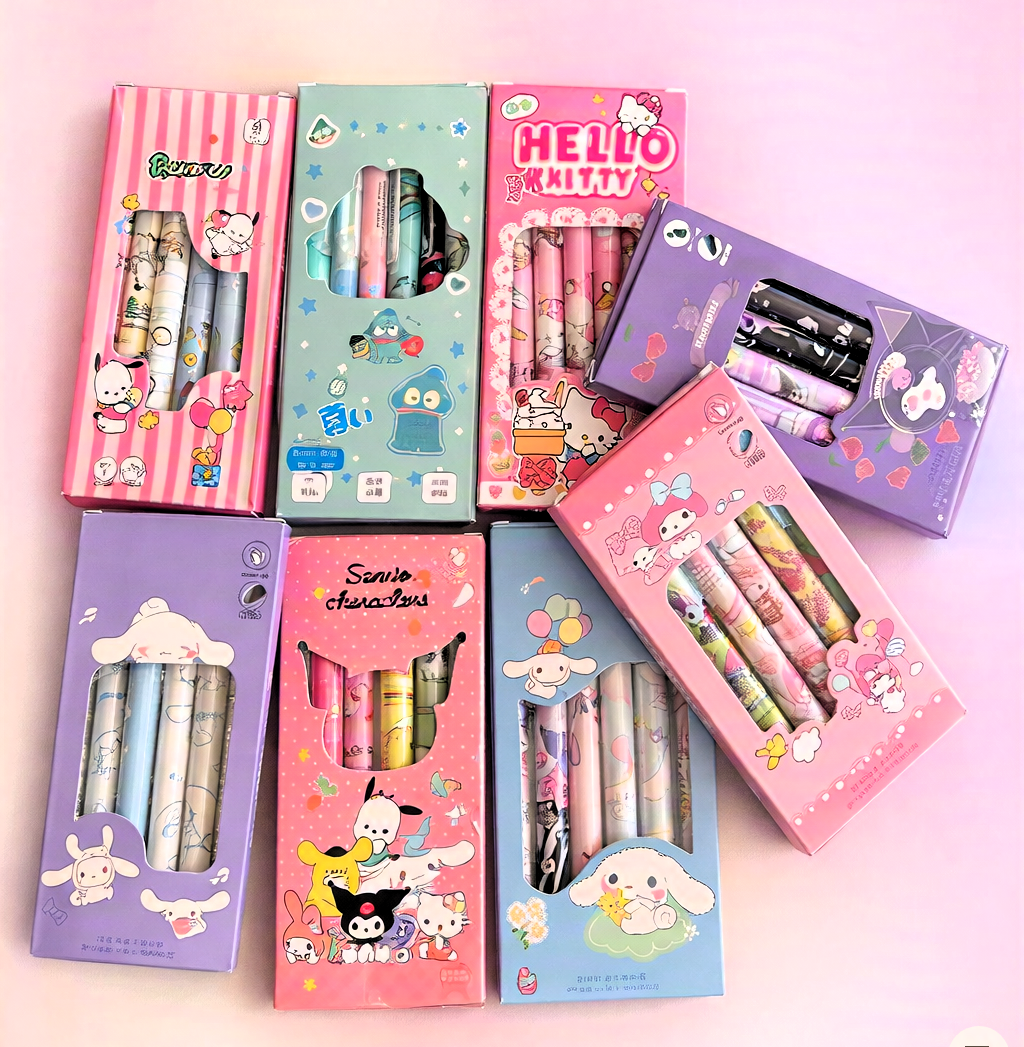 Sanrio character pen sets assorted designs on pink background