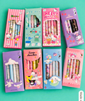 Sanrio character pen sets assorted designs on teal background