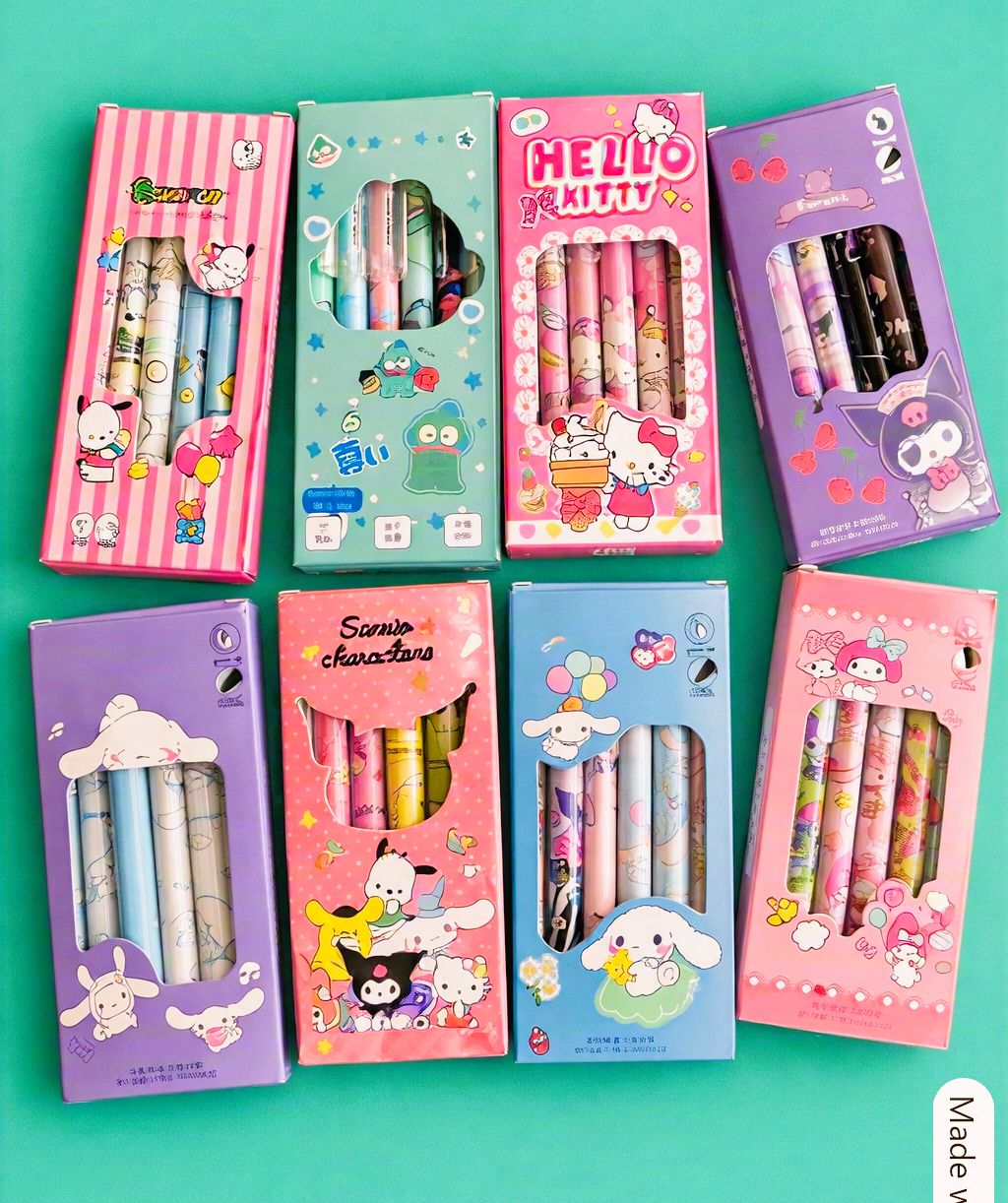 Sanrio character pen sets assorted designs on teal background