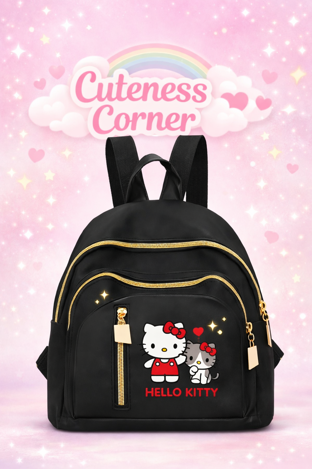 Hello Kitty black backpack with gold zippers and Hello Kitty graphic