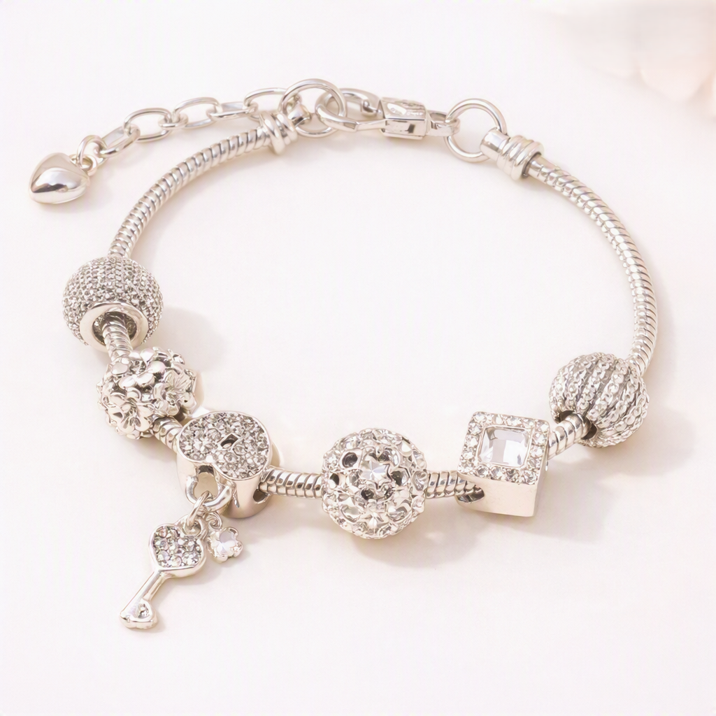 Silver Crystal Charm Bracelet – Elegant Key Edition