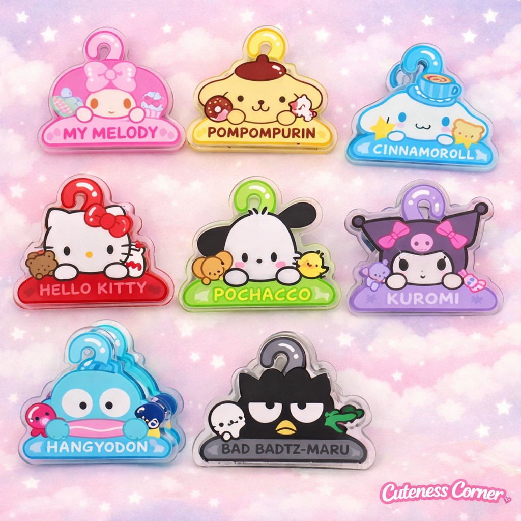 Sanrio character note clips featuring My Melody, Pom Pom Purin, Cinnamoroll, Hello Kitty, Pochacco, Kuromi, Hangyodon and Bad Badtz-Maru