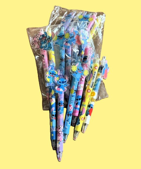 Lilo and Stitch character topper pens set in assorted pastel colors on yellow background