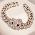Hello Kitty Iced Out Cuban Link Bracelet with pink rhinestone bow
