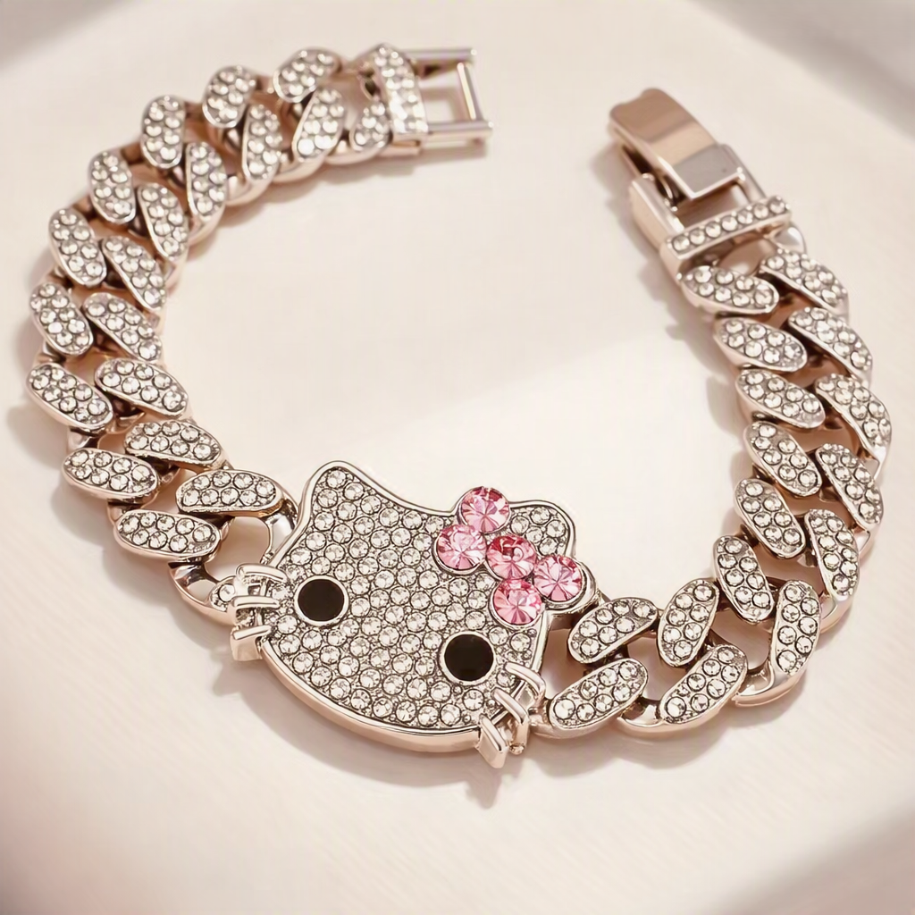 Hello Kitty Iced Out Cuban Link Bracelet with pink rhinestone bow